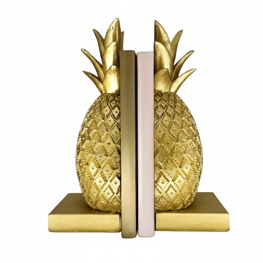 Rowen Homes Gold Pineapple Felicity Bookends For Heavy Books (23 X 9 X 8Cm) - Set Of 2 Decorative Non-Slip Book Stopper, Modern Bookshelf Home Decor - Luxury Interiors By