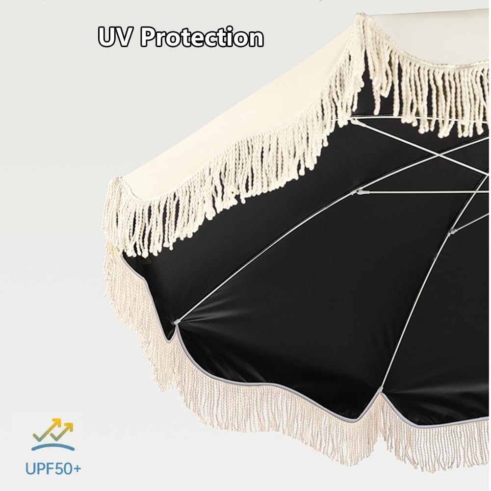 Parasol Ogrodowy Boho z Frędzlami, 180 cm Przenośny Parasol Przeciwsłoneczny z Filtrem UPF 50+ Idealny na Basen, Piknik i Kemping(Pink)