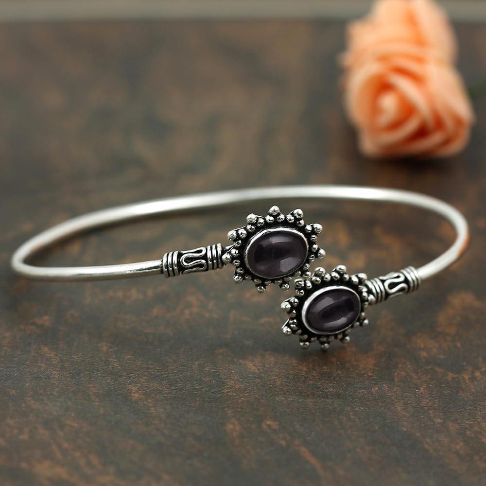 Natural Oval Shape Gemstones Bangle Bracelet for Women - 925 Silver Overlay Handmade Cuff Bangle Birthstone Light Weight Trendy Jewelry - Gifts for Wedding Anniversary Christmas Valentine's Day - Image 6