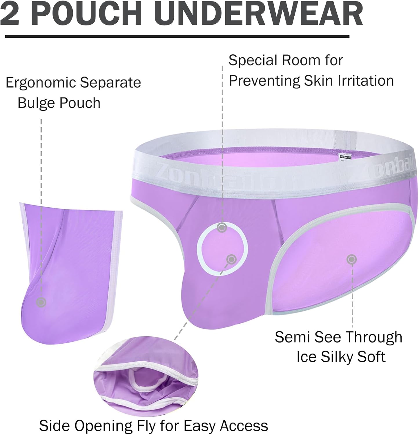 ZONBAILON Men's Briefs Dual Pouch Ice Silk Underwear Open-fly Breathable Sexy Panties - Image 2