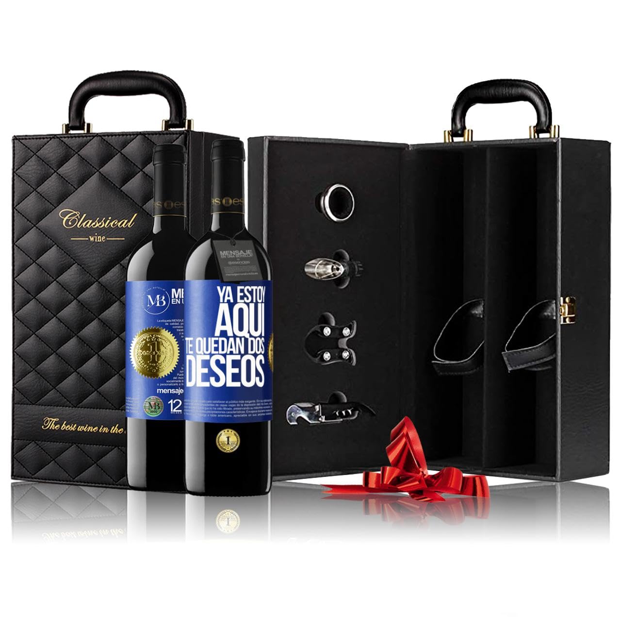 «Ya estoy aquí Te quedan dos deseos» Mensaje en una Botella. Estuche-Maletín de LUJO 2x Vino Tinto Premium Reserva 12 Meses y Set de 4 Accesorios. Etiqueta Azul PERSONALIZABLE