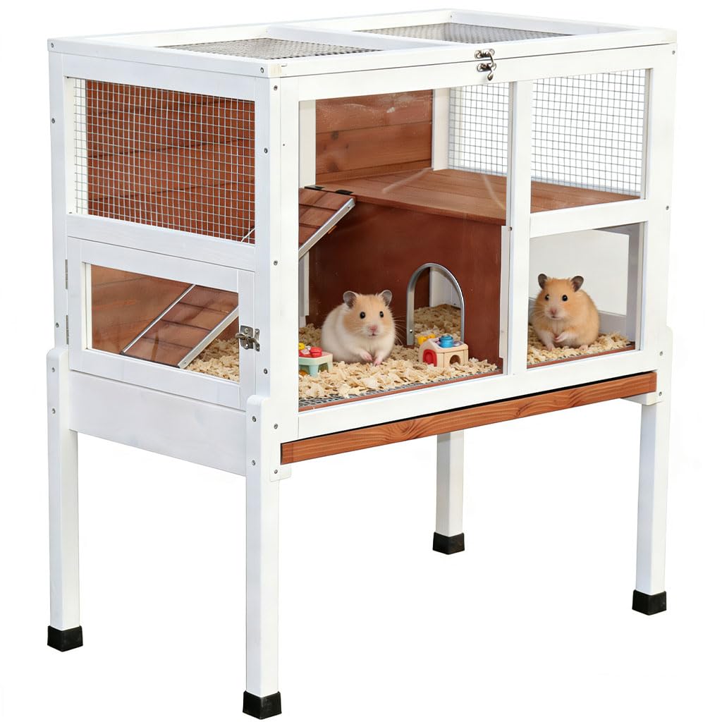 Meerschweinchenkäfig 2-stöckig mit Ständer Indoor Holz Hamsterkäfig mit Rampe Ausziehbar Tablett Versteck & Plattform Acryl Transparent Kleintier Lebensraum für Chinchillas, Frettchen, Igel, Walnuss