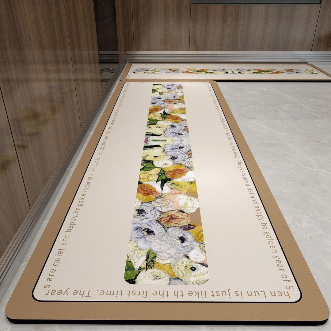 Tapis cuisine long antidérapant diatomite lavable lot de 2 fleurs kaki