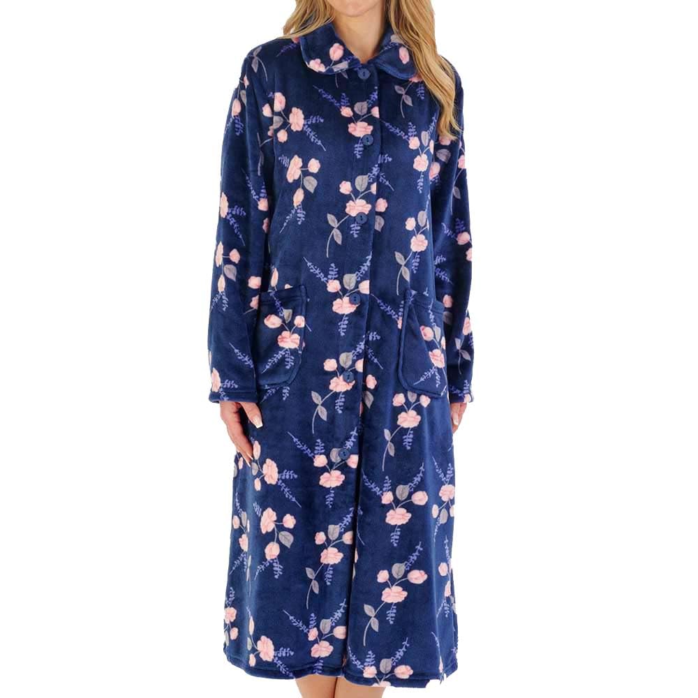 Slenderella Camellia Button Through Fleece 46 Inch Housecoat (16/18, Navy)