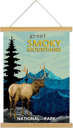 MIDEFINCH Póster vintage del parque nacional de las grandes montañas ahumadas con marco de madera, decoración de pared, patrones retro de parque
