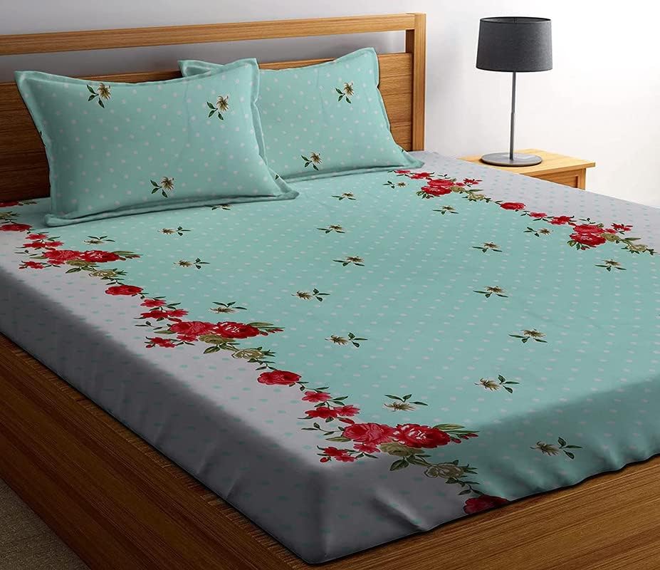 Image of NHD HOME Premium Cotton Feel Polycotton Elastic Fitted King Size Double Bedsheets with 2 Pillow Covers | All Around Elastic 210 TC Super Soft | Size - 72 King Size x 78+10 inches | White Pink & Green