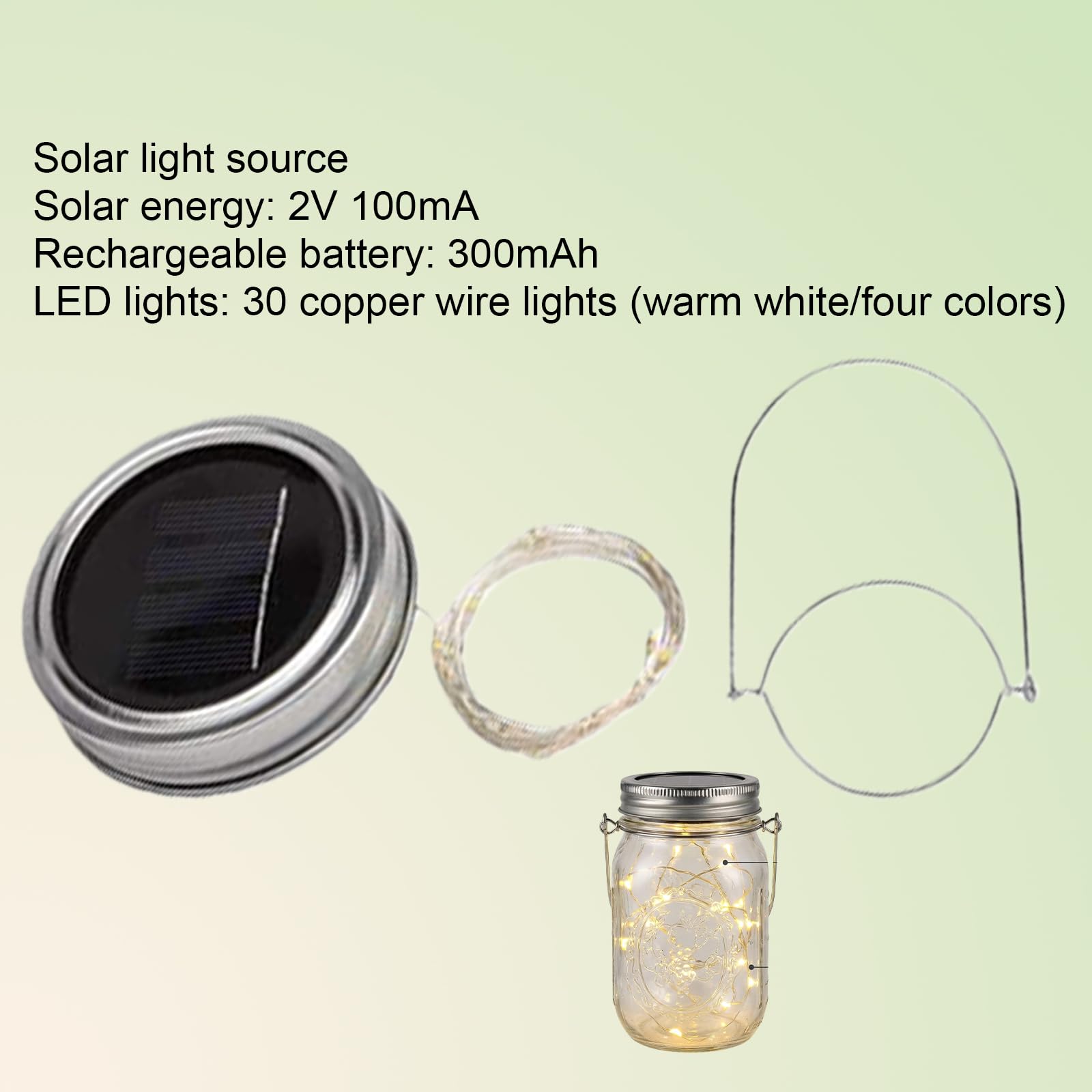 6 unidades 3 m 30 LED blanco cálido cristal solar tapa cadena de luces para vasos, lámparas solares, farolillos exteriores impermeables para tarros de Mason Jar colgantes, farolillos de luz, jardín