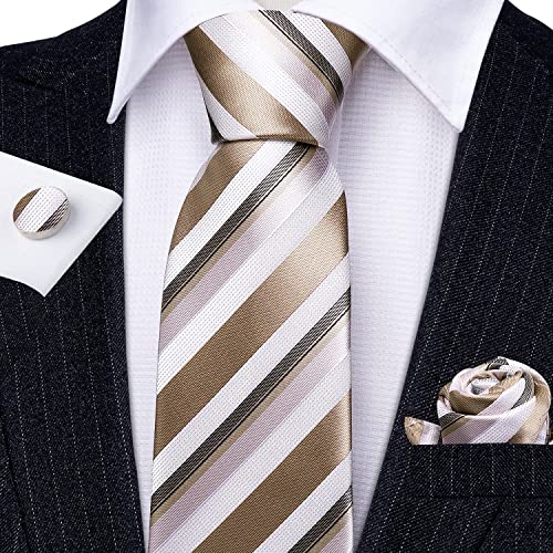 Image of Barry.Wang Man Stripe Ties Set Silk Woven Pocket Square Necktie Cufflinks Formal Party Business