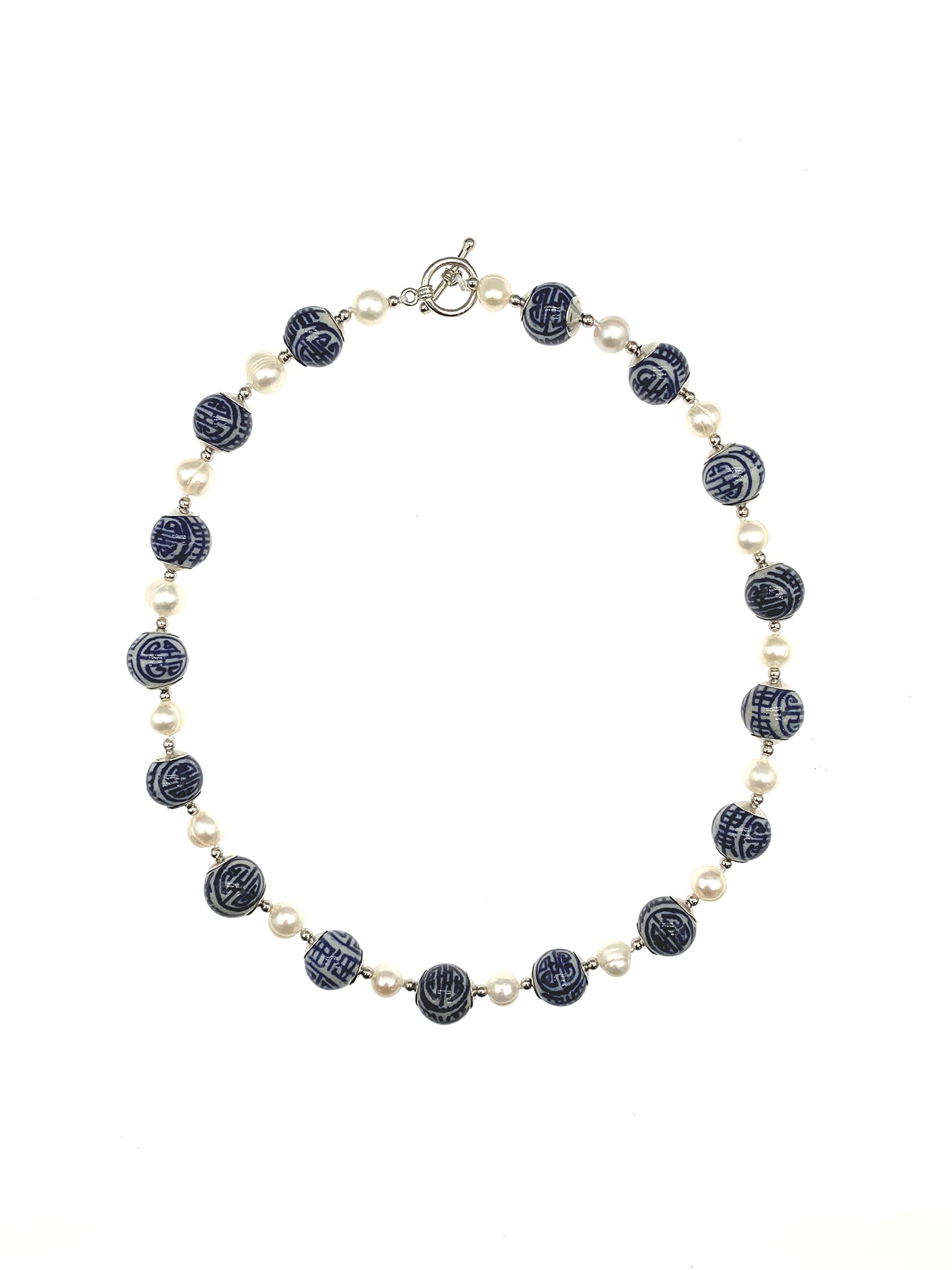 12 mm niebieski ceramiczny 8-9 mm białe perły naszyjnik dla kobiet błogosławieństwo długie życie podwójne szczęście na co dzień choker naszyjnik 45 cm, Cynk, Bez kamieni szlachetnych