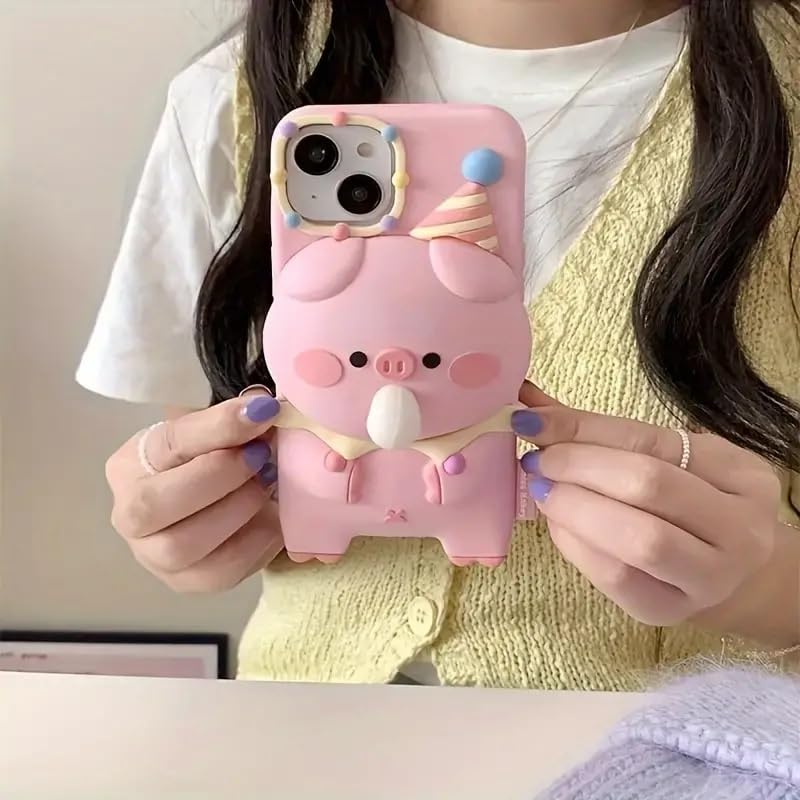 Image of COVERLY for iPhone 15 3D Pig Blowing Bubble Gum Case,Full Protective Squishy 3D Toy Lovely Piglet Back Case Pink Cartoon Cute Soft Silicone Fashion Fun Aesthetic Cover for Apple iPhone 15