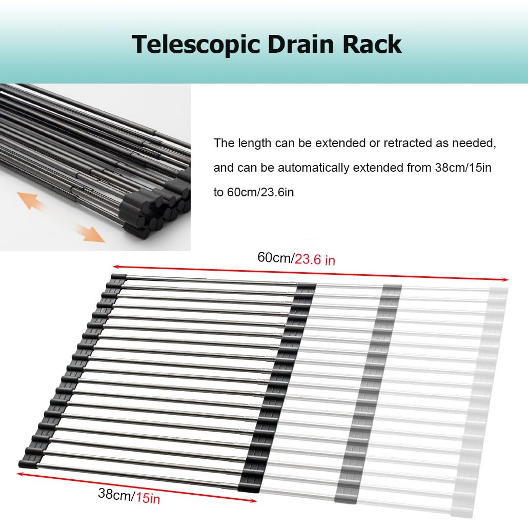 Escurridor de Platos telescópico Enrollable Resistente al Calor de 15 a 23,6 Pulgadas, Plegable y Antideslizante, de Acero Inoxidable.