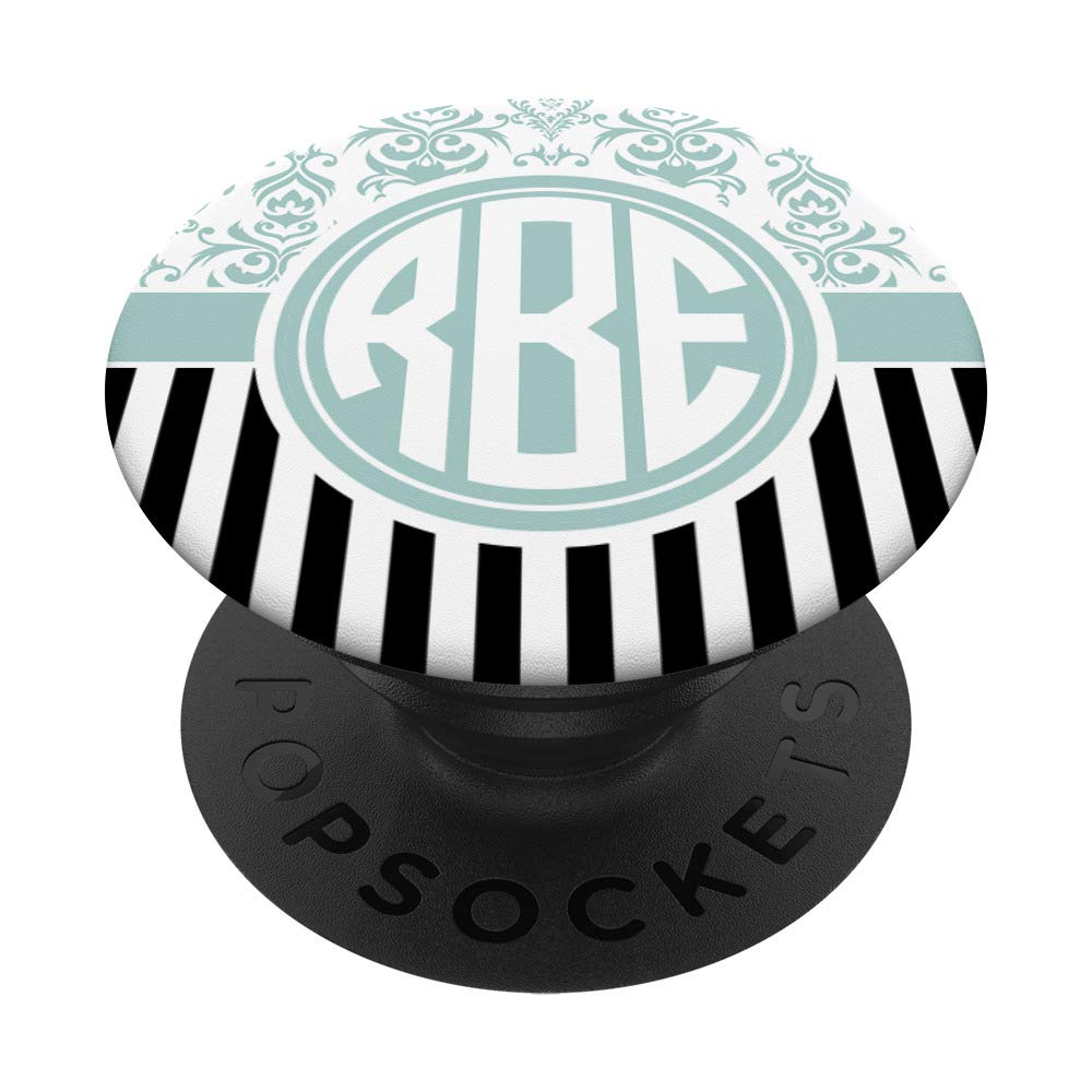 RBE Monogram Gift Blue Damask Initials RBE or REB PopSockets Grip and Stand for Phones and Tablets