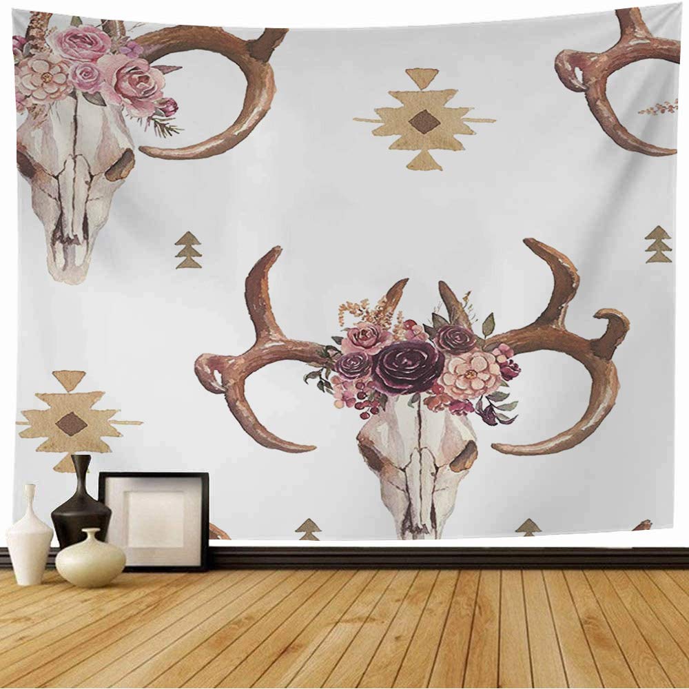 Starocha Tapestry Watercolor Peru Head On Indian Burgundy Horn Animal Antlers Texture Pattern Deer Skull Textures Wall Tapestry Beach Tapestry for Bedroom Decor 60x50 Inch