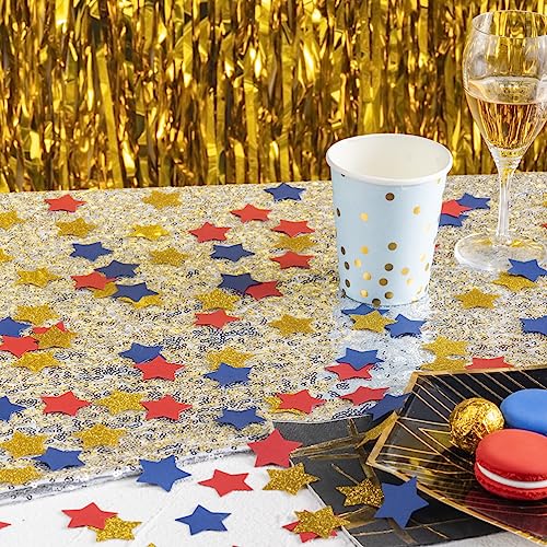 Image of MOWO Gold Blue and Red Star Confetti Table Decoration, 1.2'', 200pc | 4th July Graduation Retirement Theme Party, birthday, wedding