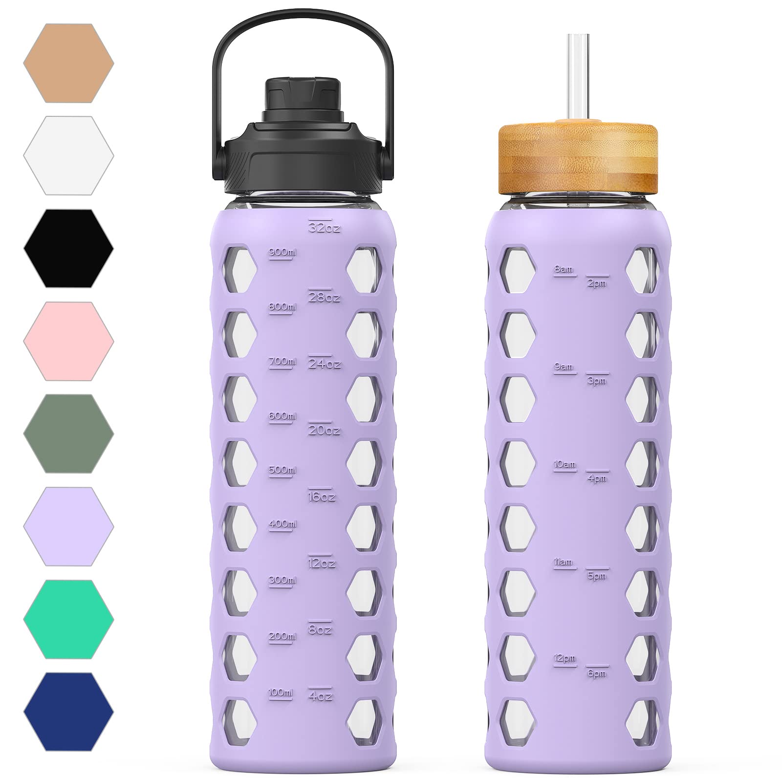 MUKOKO 32oz Glass Water Bottles with 2 Lids-Handle Spout Lid&Bamboo Straw Lid, Motivational Water Tumbler with Time Marker Reminder and Silicone