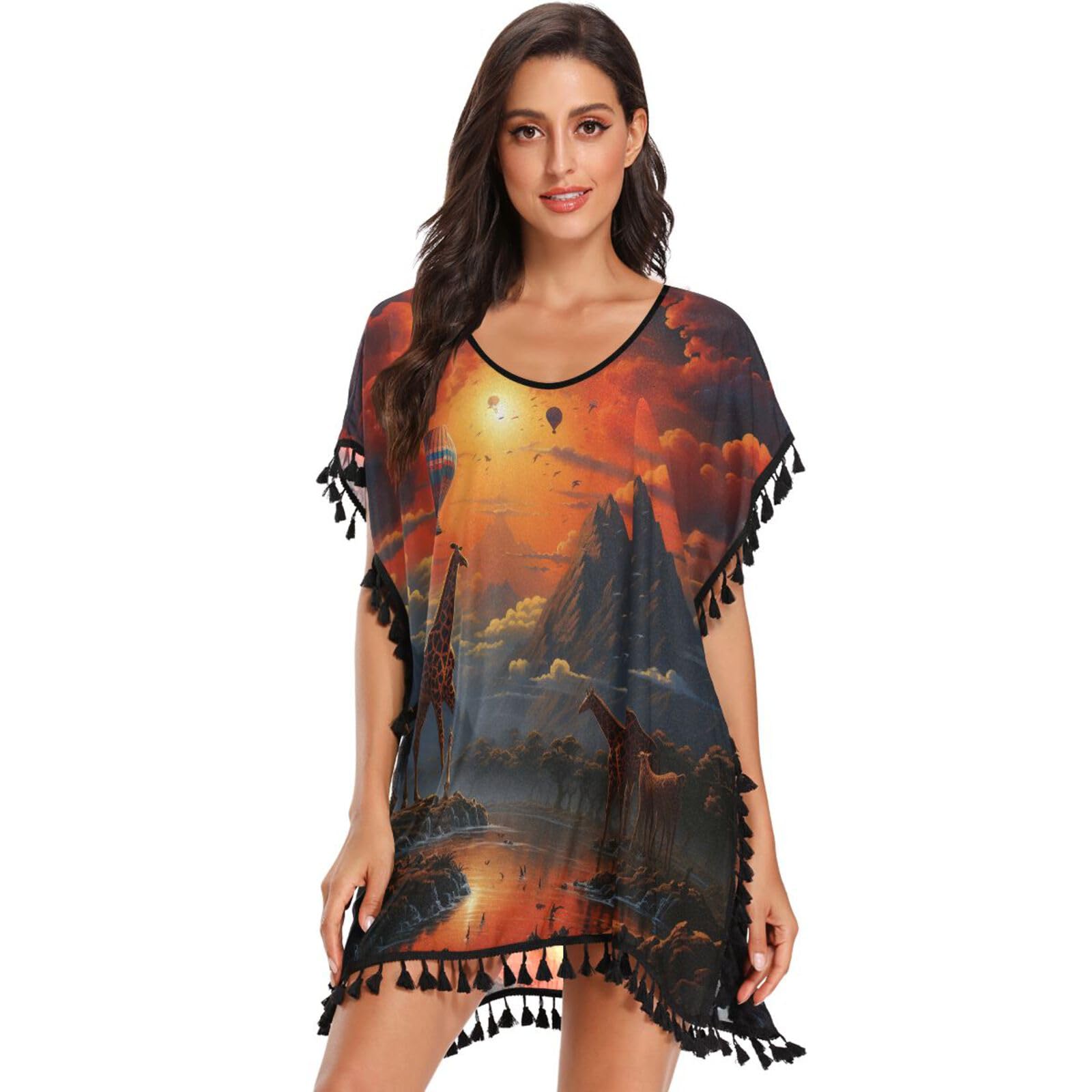 Oil Paintings Sunset Giraffe Women's Beach Cover Up Chiffon Tassel Swimwear Swimsuit Coverups for Girl