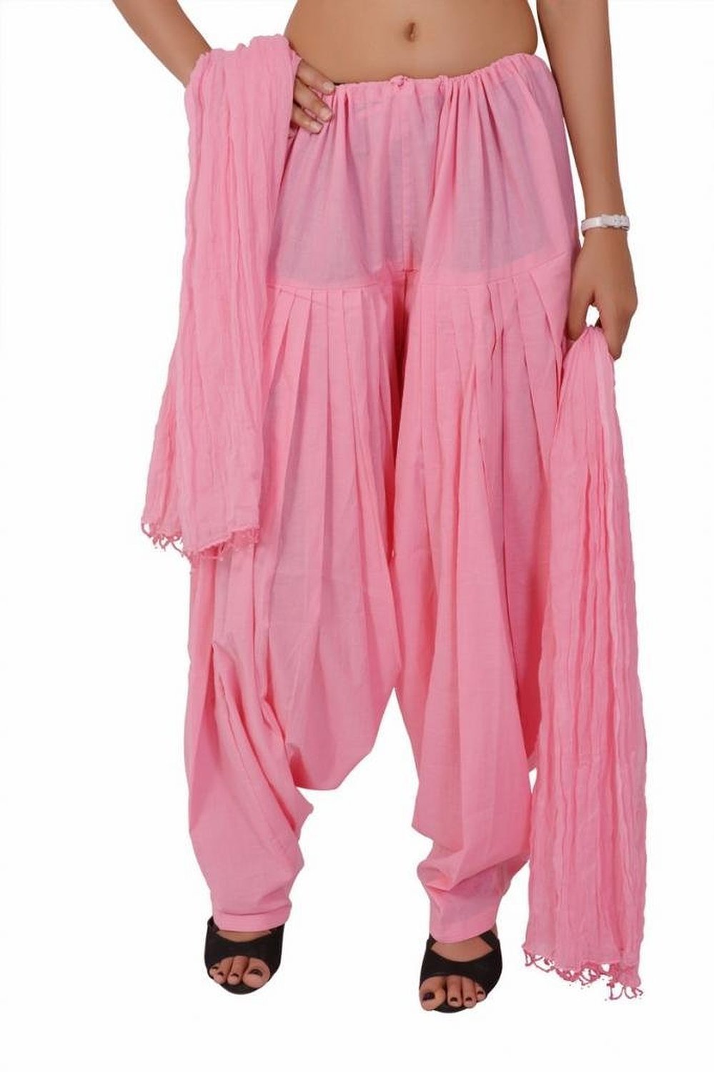 Bottomline Women Cotton Solid Baby Pink Full Patiala Salwar Dupatta Set Free Size