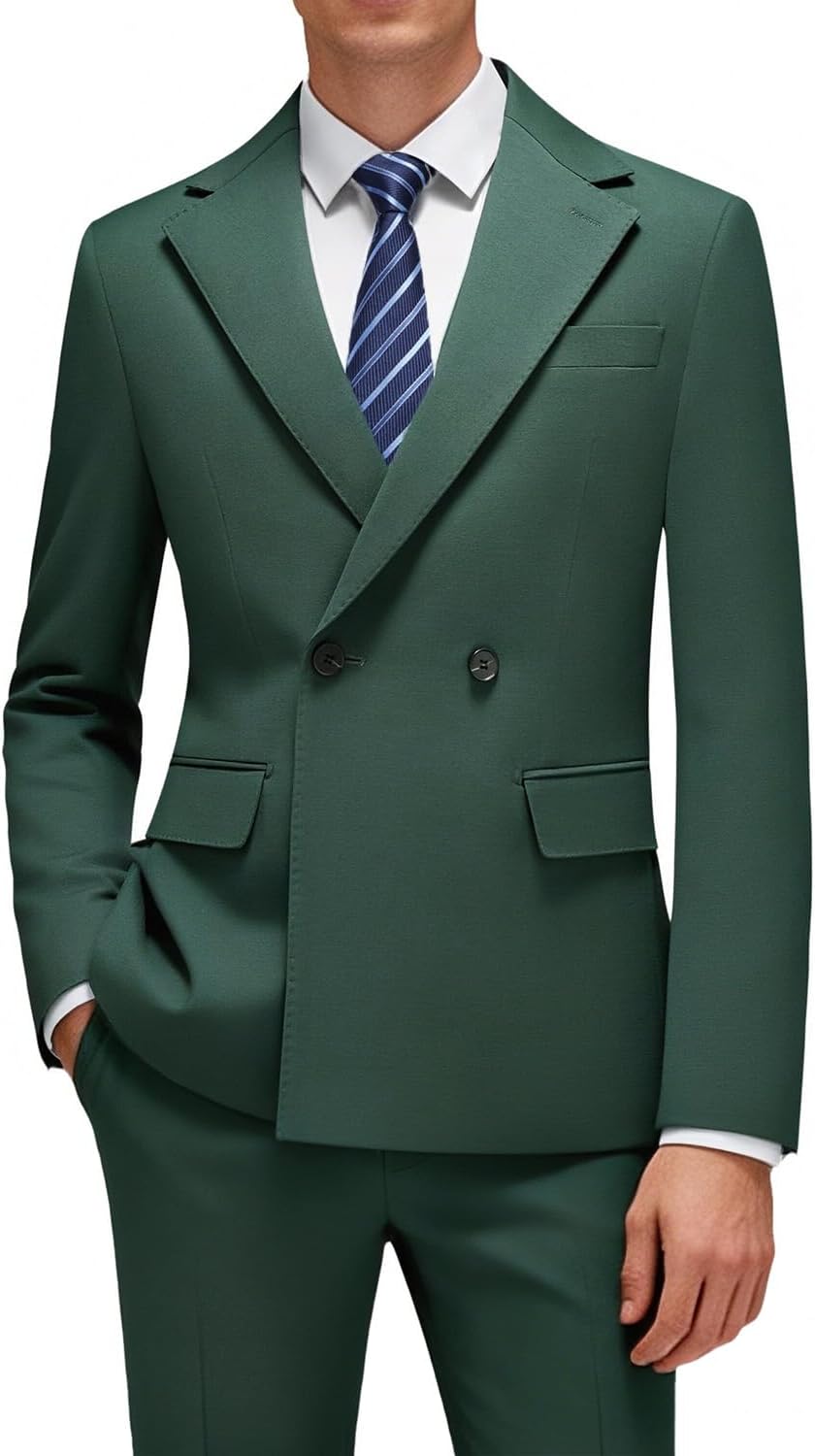 MOGU Mens 2 Piece Suit Wool Double Breasted Tuxedo Wedding Prom Business Suits Jacket Pants