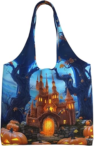Miniatura 1 de Dwrepo Bolsa de lona con estampado de calabaza y castillo de Halloween, bolsa de compras reutilizable para mujeres y hombres, bolsa de regalo, Negro