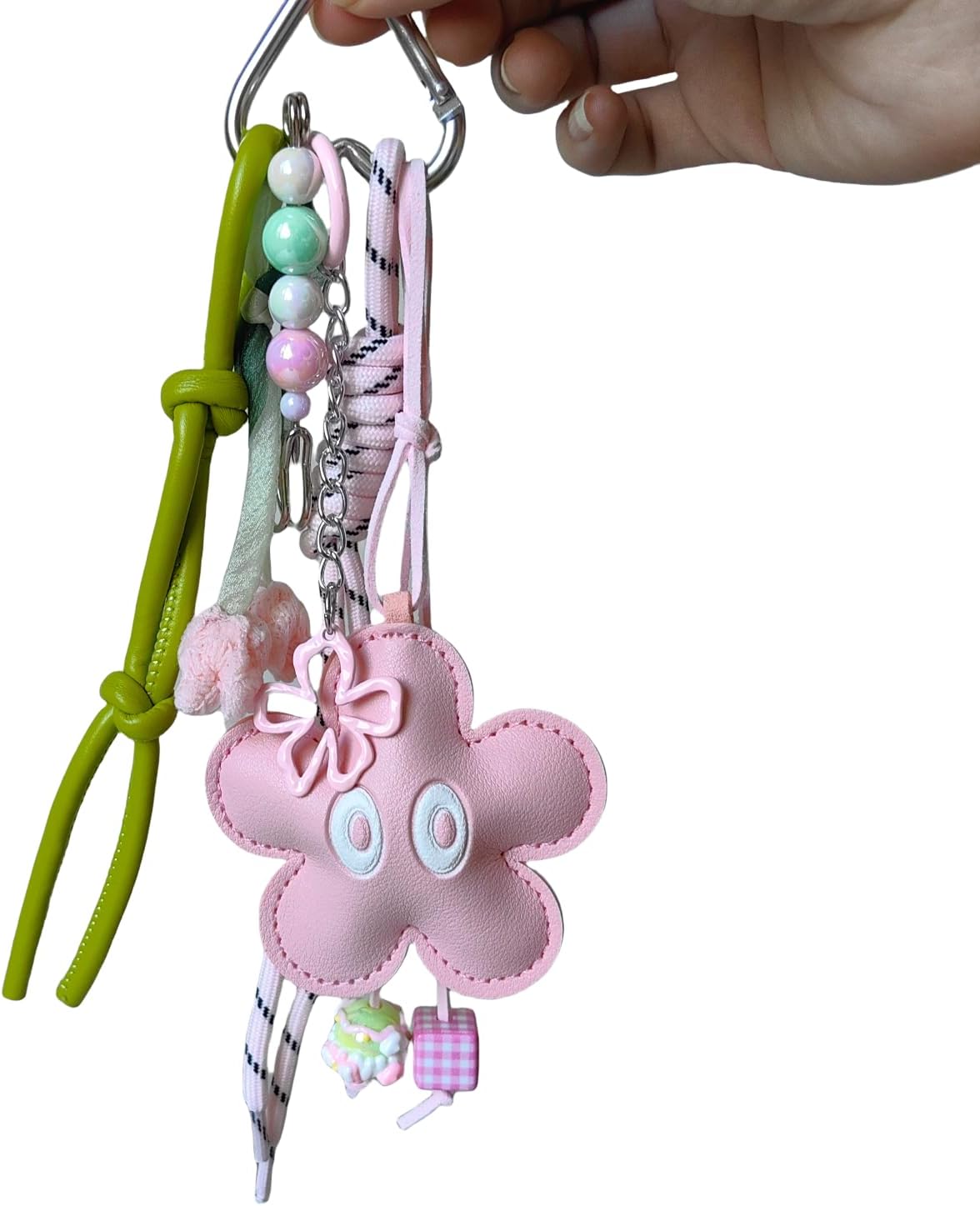 Pink Star and Flower Bag Charm Keychain Set, Phone Strap with Leather Star, Bead Heart, Tennis Racket - Image 2