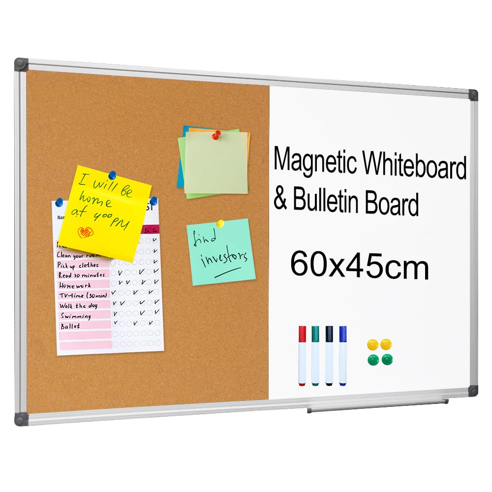 XIWODE 2-in-1 Magnetic Dry Erase Board Cork Board 60x45 cm, Magnetic Whiteboard & Cork Pinboard Combo, Wall Mounted Notice Board, Ideal for Office Planning, Classroom Display, Kitchen Organisation