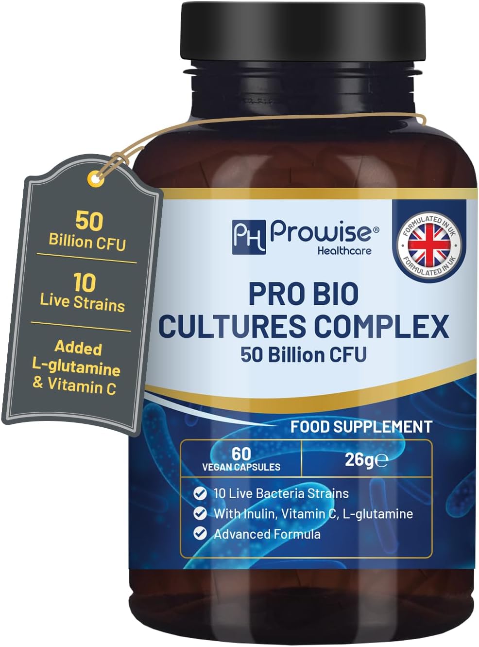 Bio Cultures Complex Probiotics and Prebiotics - 50 Billion CFU - 10 Live Bacterial Strains - Supplemented with Inulin, L-Glutamine and Vitamin C - 60 Capsules