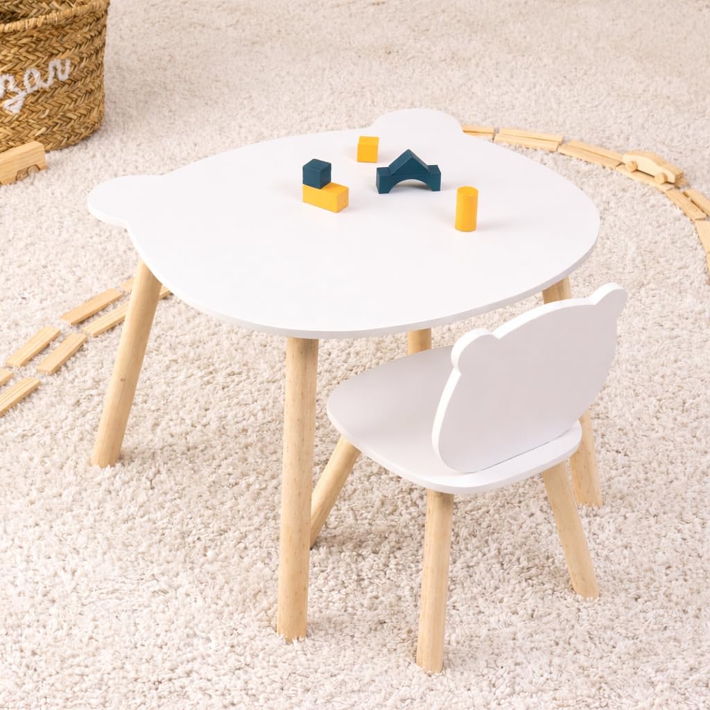 ATMOSPHERA CREATEUR D'INTERIEUR Table Enfant Douceur Blanche, Pieds en Bois Naturel, Forme Originale Ourson, Diamètre 60 cm