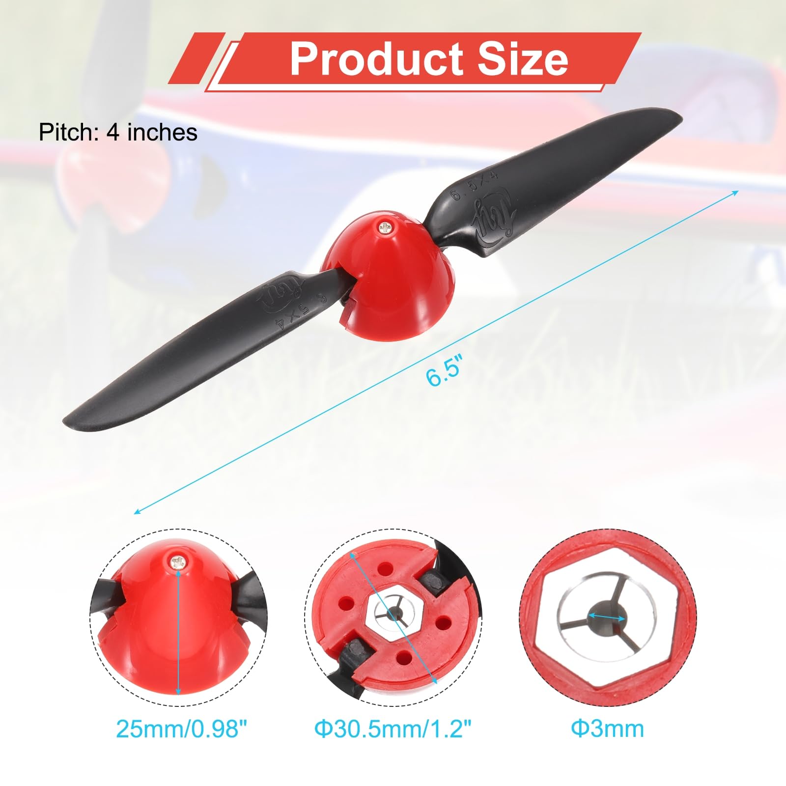 QUARKZMAN Śmigło do samolotu RC 6,5 x 4 " RC składane śmigła Rozmiar Spinner D30,5 x H25 mm średnica wału 3 mm 2 ostrza z plastikowym nylonowym spinnerem do samolotu helikoptera (czarny czerwony)