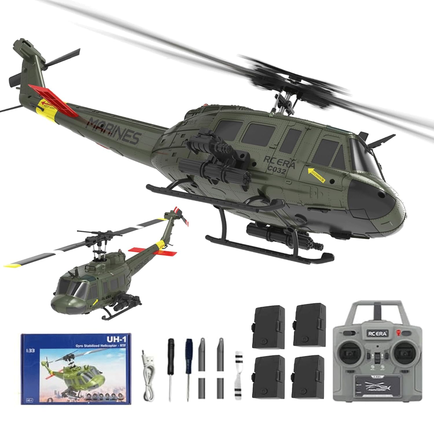 NULA RC ERA C032 UH-1 Huey RC Helicóptero teledirigido, escala 1/48 6CH, 2,4 G, giroscopio militar teledirigido de 6 ejes con vuelo de retorno 3D para adultos principiantes (RTF/4 baterías)