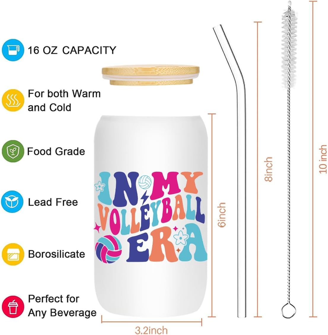 Volleyball Gifts for Teen Girls, Iced Coffee Cup, Volleyball Party Favors, 16 oz Glass Cups with Lids Straws, Volleyball Stuff, Christmas Gifts for Women Mom Coach Players Teams Volleyball Accessories - Image 2