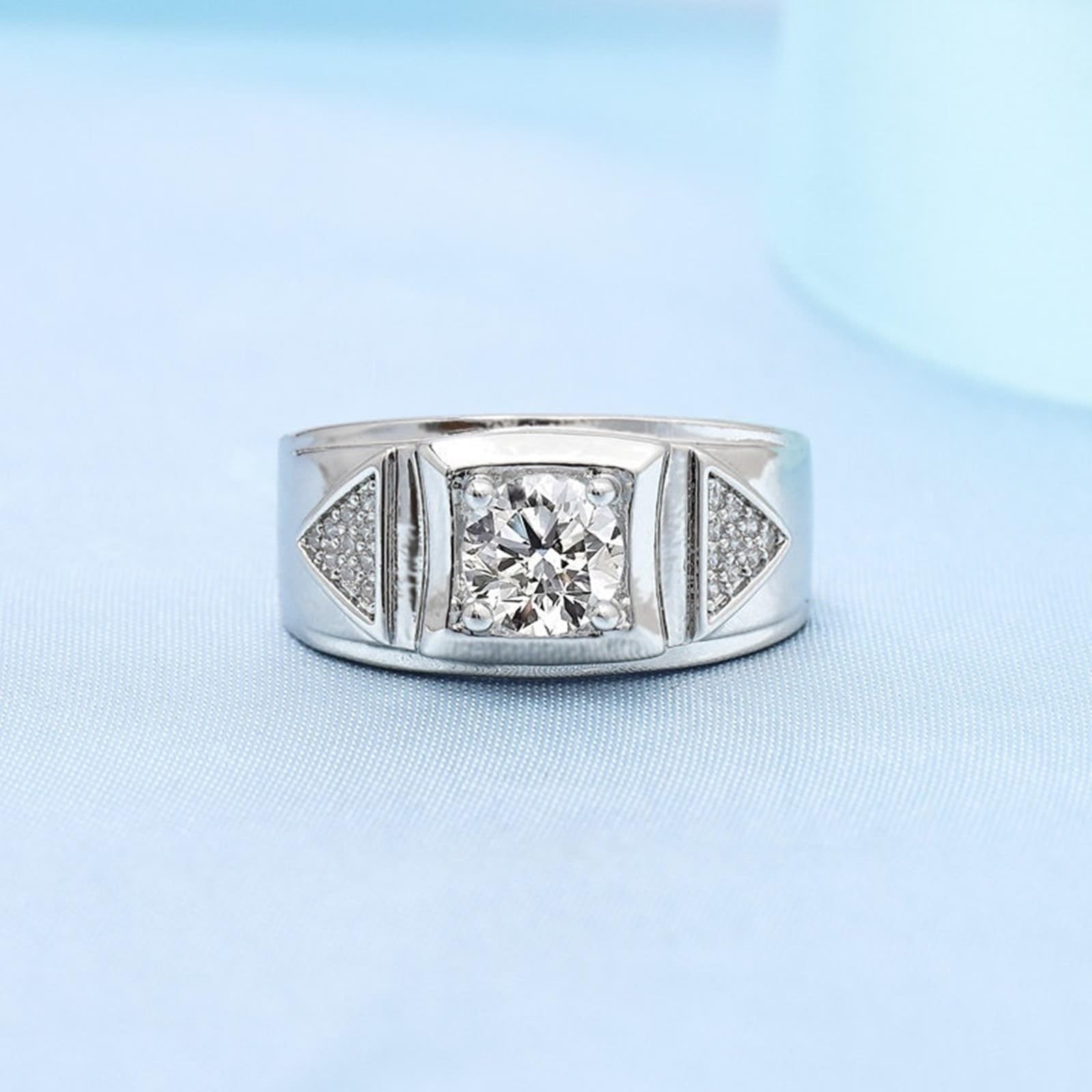 Anello Oro Bianco Uomo 18K, Anello di Matrimonio Uomo Regolabile Triangolare Largo Diamante Sintetico Rotondo 1 Carato e Moissanite Anelli per Papà, Fidanzato, Sposo