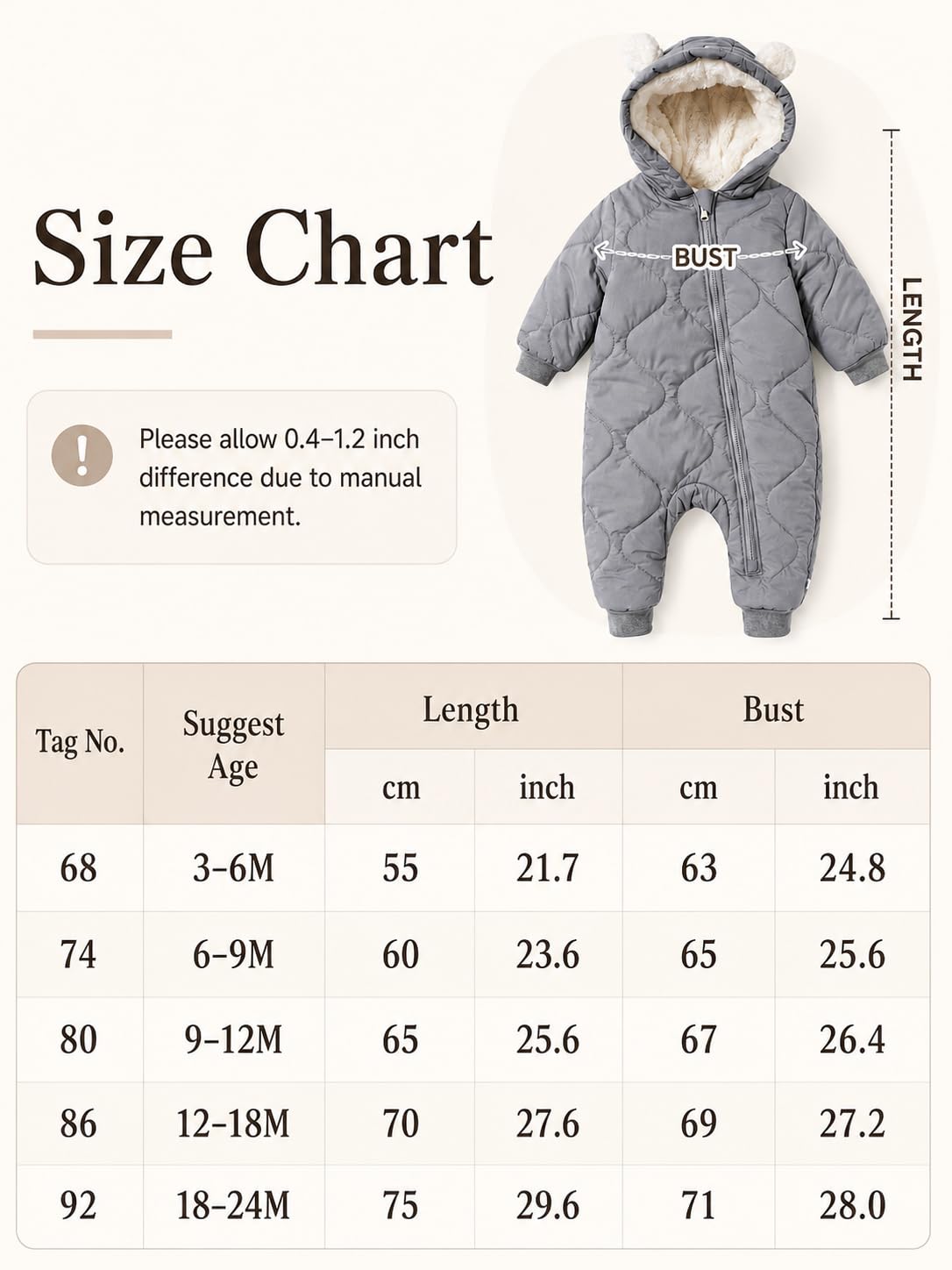 Baby Winter Overall mit Kapuze Junge Mädchen Schneenanzüge Fleece Winddicht Kleinkind Winterjacke Neugeborenes Dickes Reißverschluss Strampelanzug