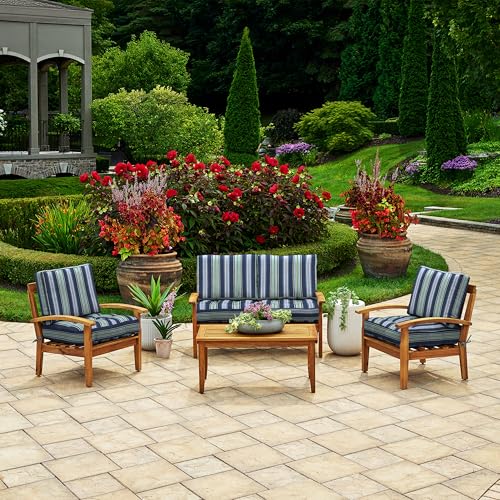 Image of Arden Outdoor Plush Modern Tufted Blowfill Deep Seat Set, 24 in x 24 in, Weather-Proof, Rain-Proof, Fade Resistant Patio Cushion, Ultra Cozy Sapphire Aurora Blue Stripe