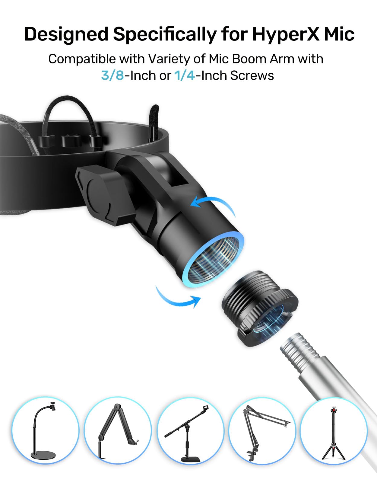 [Conçu sur mesure pour HyperX Quadcast Shock Mount ] Support de microphone Adaptateur de support de microphone avec adaptateur à vis de 1,6 cm, 3/8", 1/4" avec support de microphone et perche
