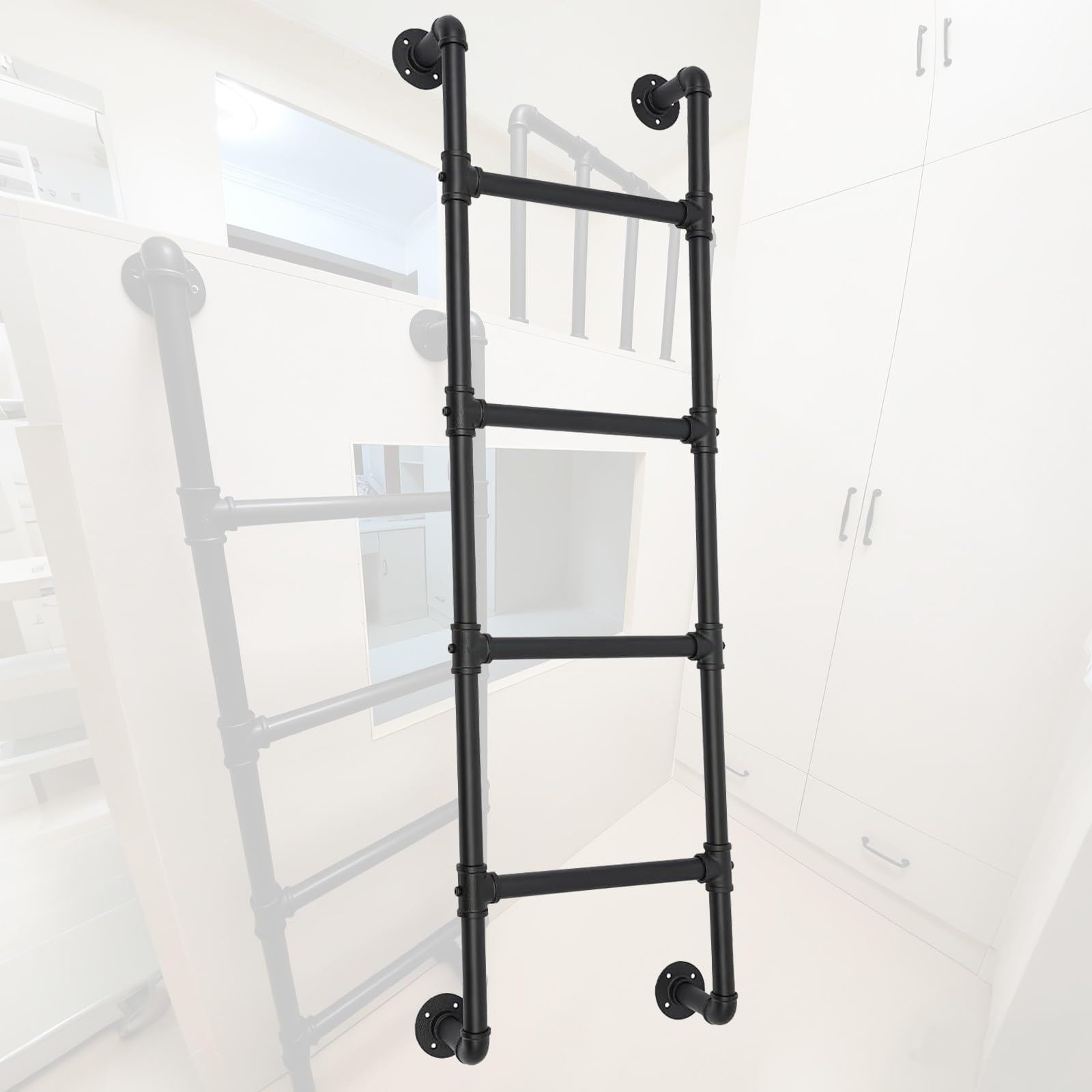 Escalera de Emergencia Industrial Negra, Escalera de ático para literas, Escalera de Pared de 4 peldaños, Escalera de Subida para Uso Interior y Exterior, Capacidad de Carga 150 kg (150 cm/5