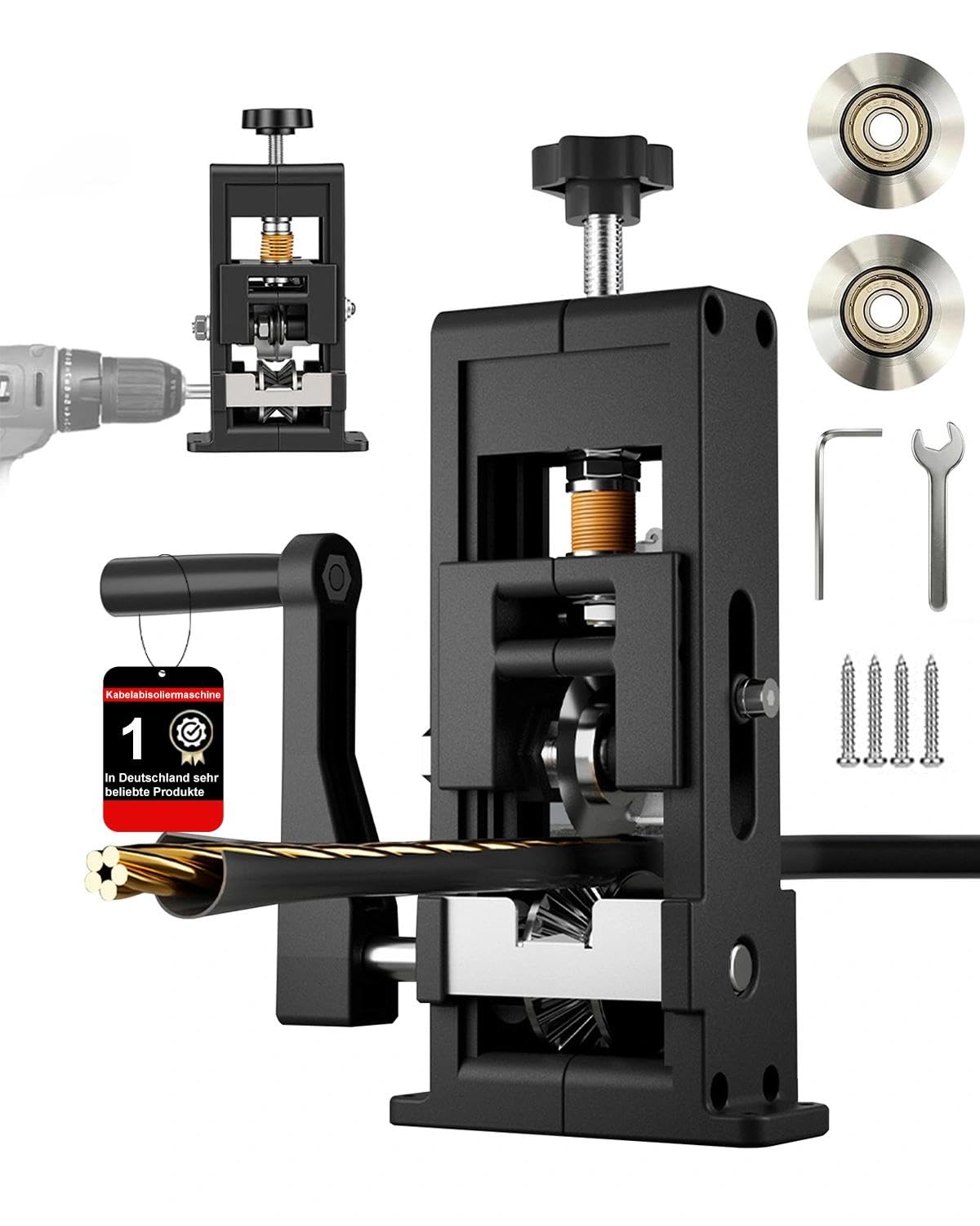 Kabelschälmaschine für 1–25 mm Kabel – Abisolierer Maschine mit Handkurbel & Bohrer kompatibel – Abisoliermaschine, Kabelschäler, Kabelentmantler aus Stahl/ABS – Abisolierzange mit Ersatzblatt