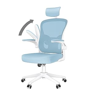 naspaluro Silla de Oficina Ergonómica, Silla de Escritorio con Soporte Lumbar, Reposacabezas Ajustable, Reposabrazos Abatibles, Silla Giratoria con Respaldo Transpirable, Azul