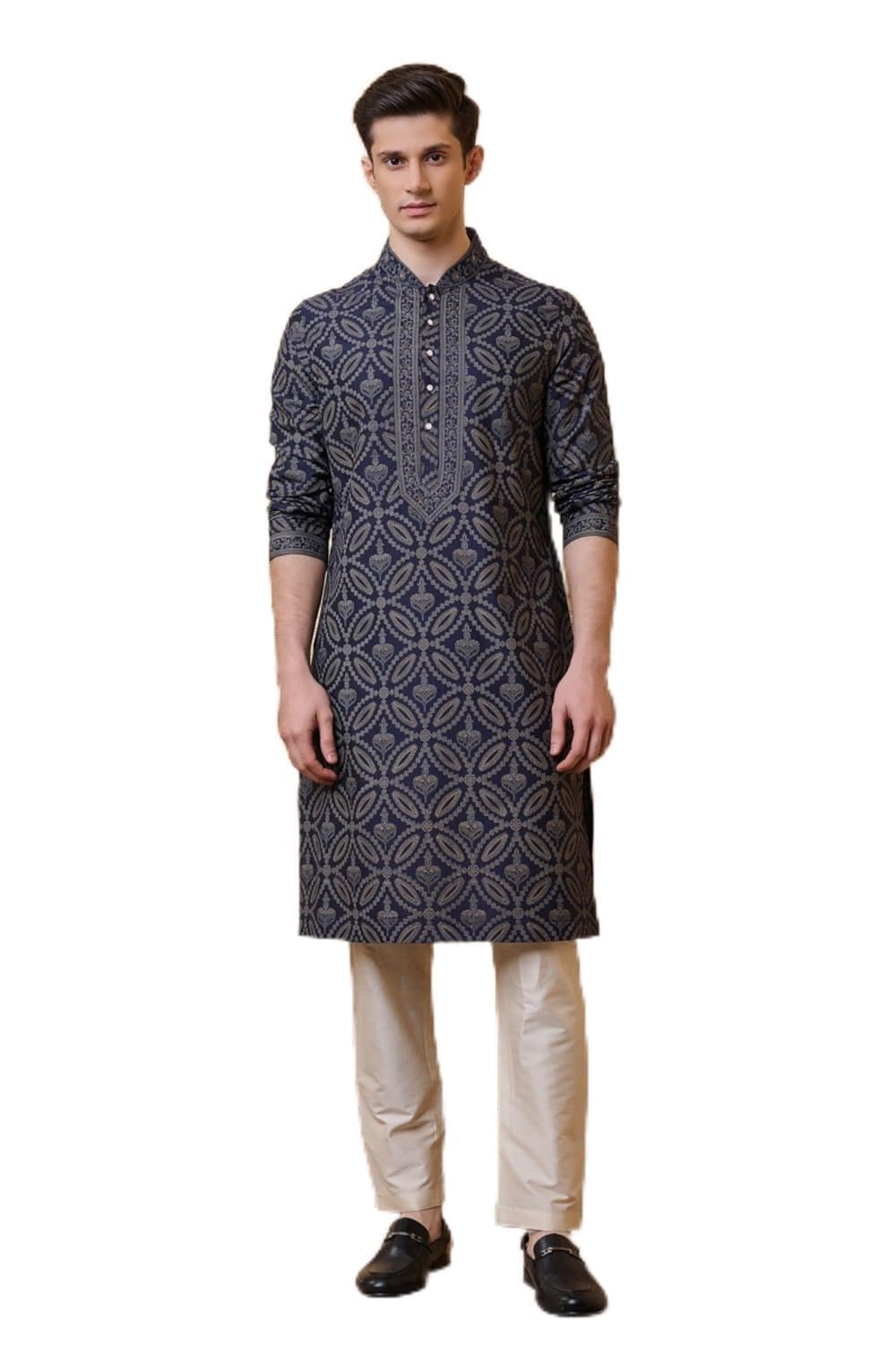 Navy All Over Printed Kurta Set For Men-image-47