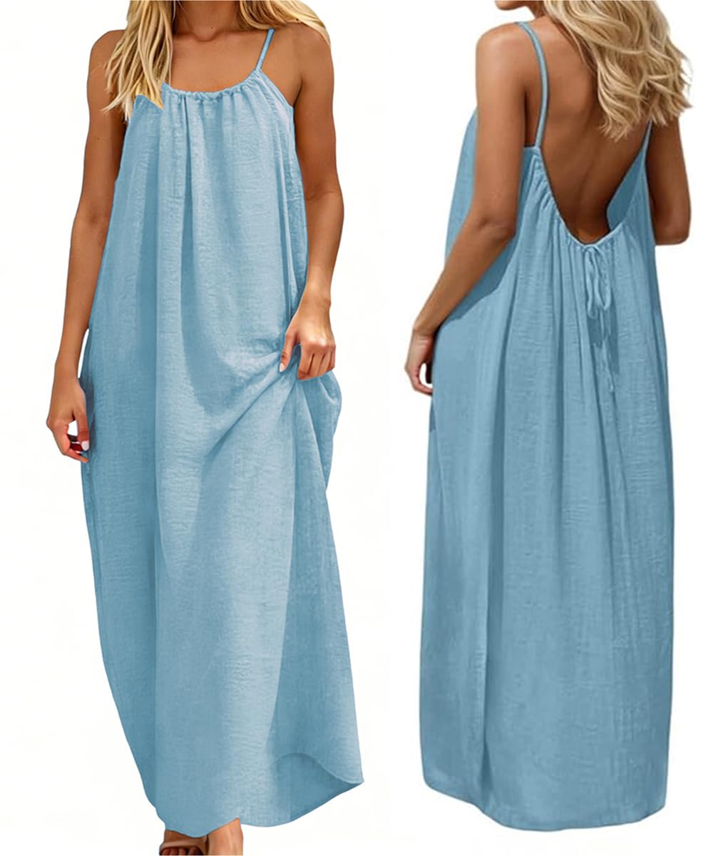ABINGOO Robe D’été Femme Longue Dos Nu Caraco en Col Rond Ample Robes | Décontractée Sans Manches Couleur Unie Spaghetti Fluide Plage Robe avec Cordon Ajustable
