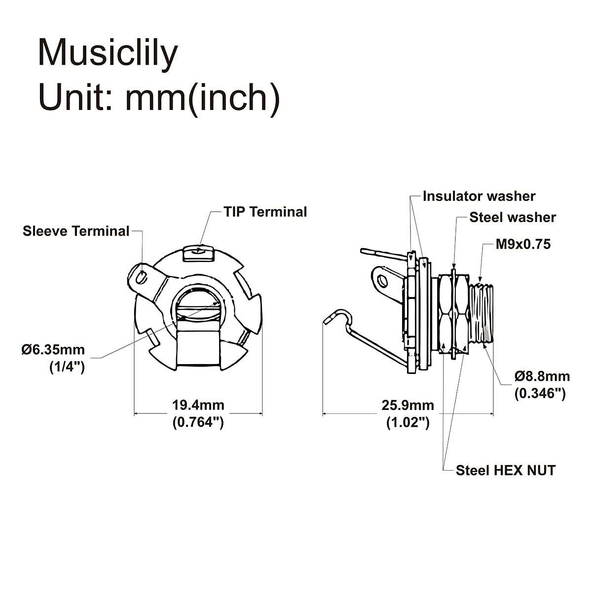 Musiclily Pro 1/4 inch Mono Output Jack Socket 2-Contact for Electric