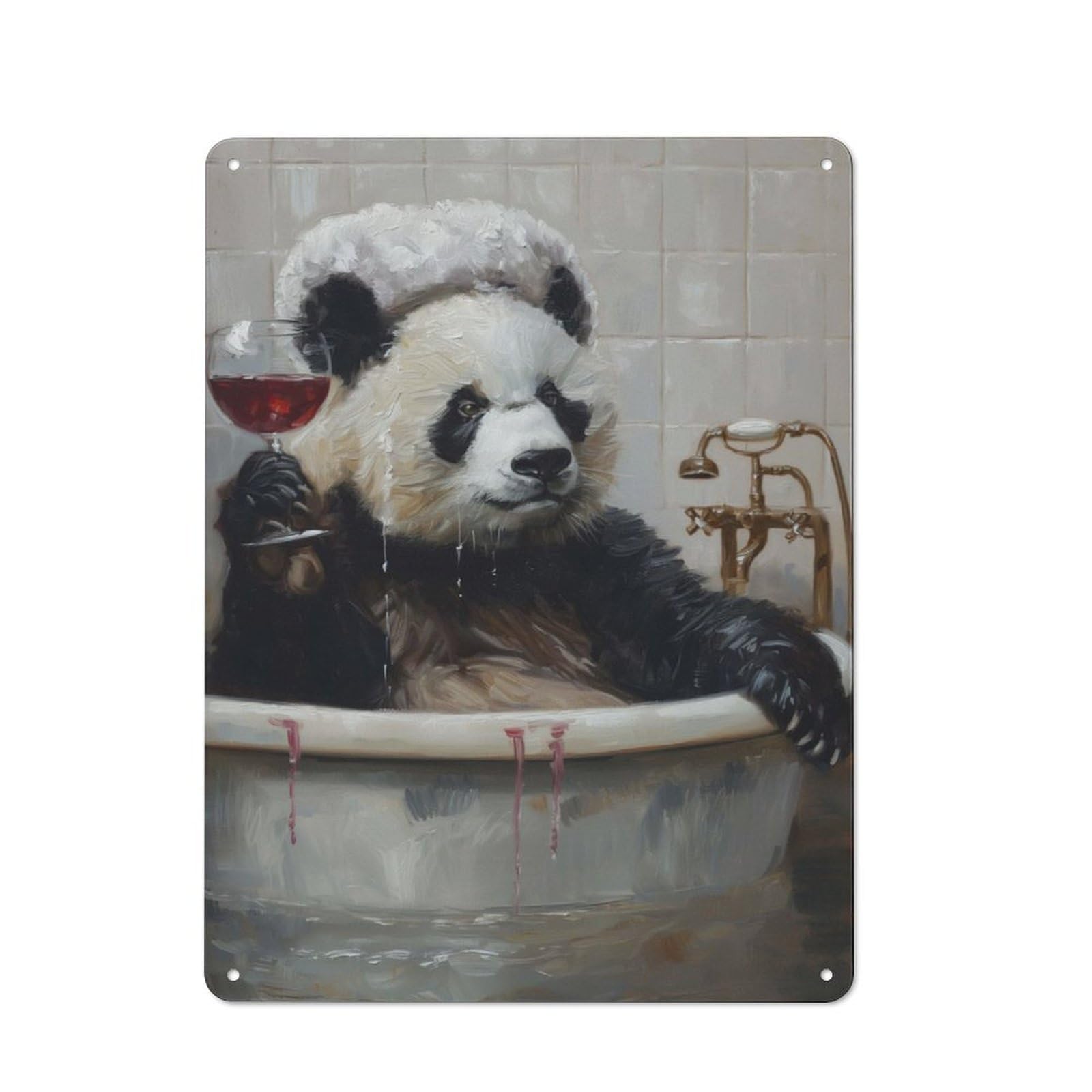 Junmoney Panda Bath Glass Red Wine Metal Wall Sign 40X30cm Featuring For Garage Wall, A Housewarming Gift For People Furnishing A Garage