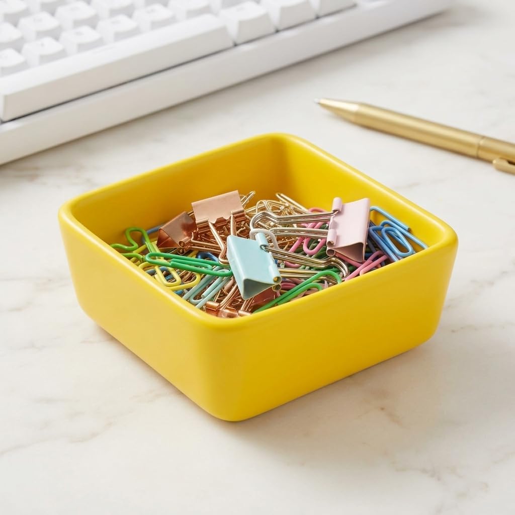 Ceramic Paper Clip Holder Square Desktop Paper Dispenser Yellow