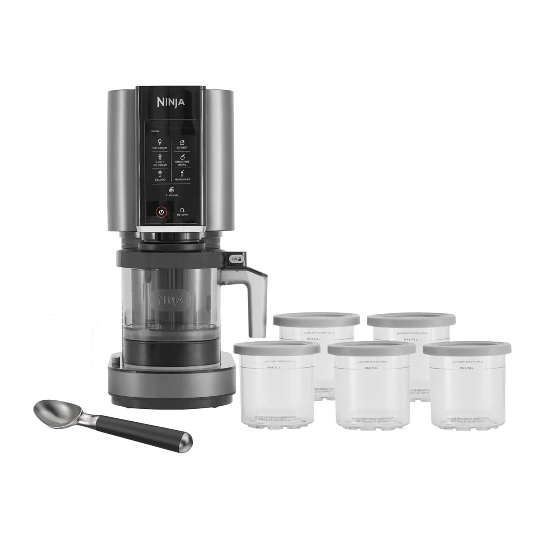 NINJACREAMi 7 Pre-Set Programme Ice Cream & Frozen Dessert Maker With 5 Additional Dessert Tubs With Lids And Ice Cream Scoop (NC300UKCO) - Black & Silver