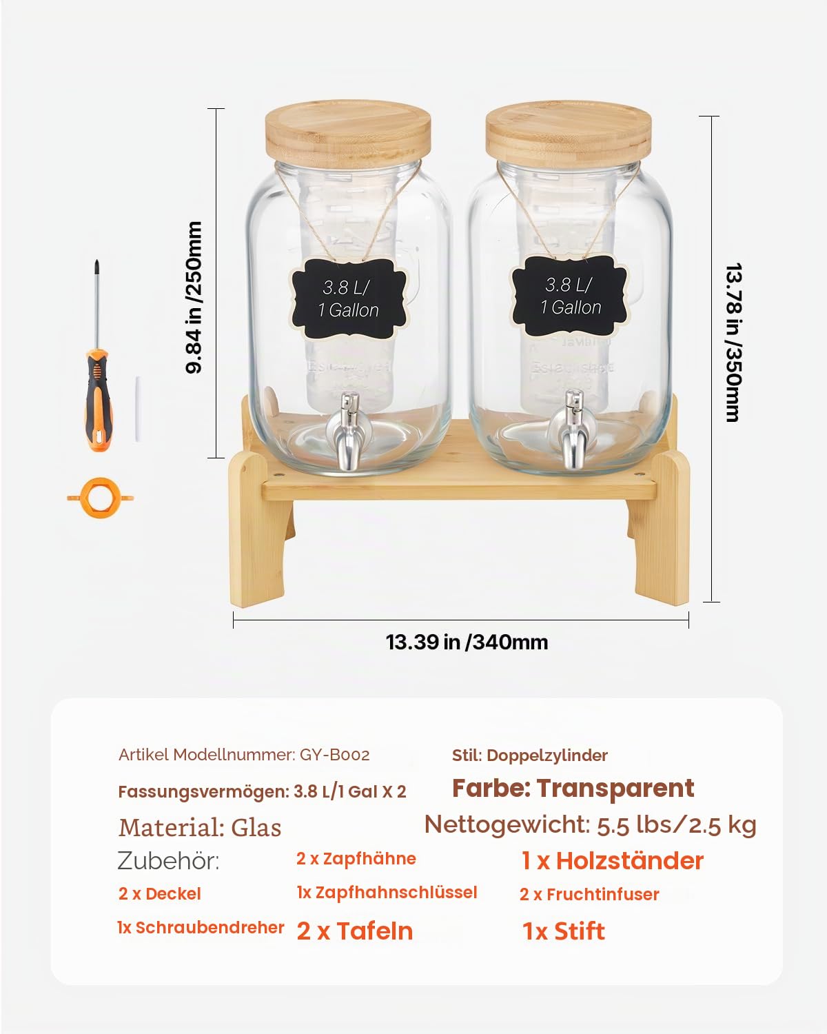 VEVOR Getränkespender (2 x 3,8 L) für Partys Saftspender (aus Glas) mit tropfsicherem Zapfhahn & Holzständer Wasserspender für Restaurants Partys, Limonade Eistee selbstgemachte Getränke Spender