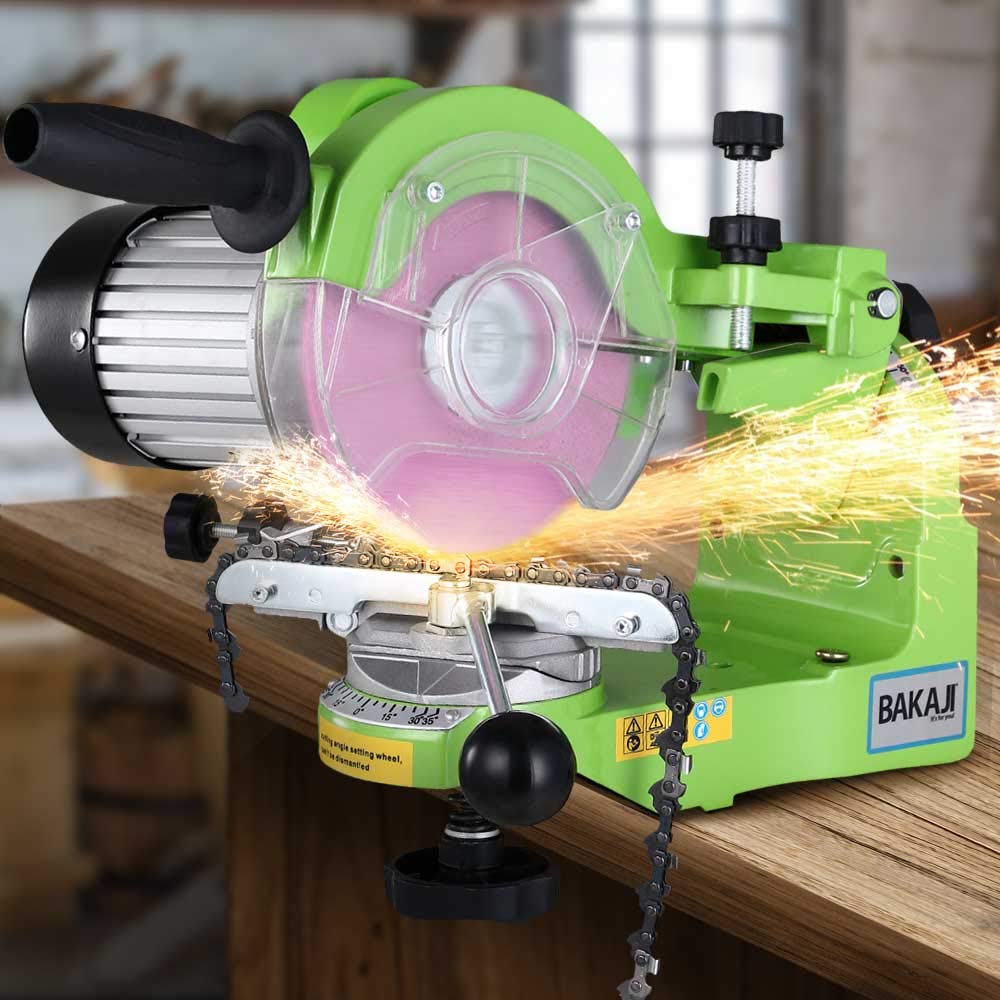 Bakaji - Afilador de cadenas eléctrico de banco para cadena de motosierra, con apriete automático y ángulo de afilado ajustable, potencia 230 W, 3000 rpm, 2 discos 145 mm incluidos