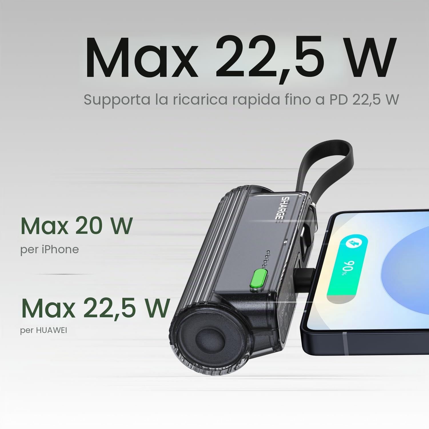 SHARGE Flow Mini 2 Power Bank 22.5w Max, Kleine Powerbank für Unterwegs, Schnelllade-Akkupack mit Lightning- und USB-C-Anschluss, Tragbares Ladegerät mit Integriertem Kabel für iPhone 16/15/14, Galaxy