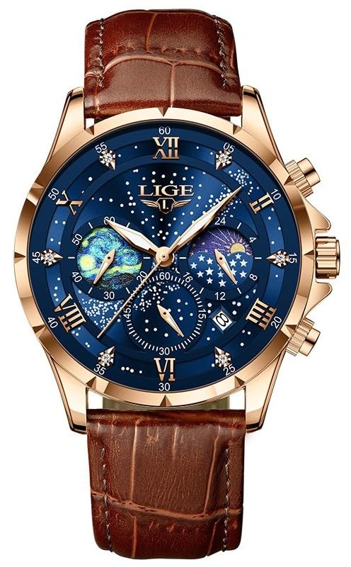 LIGE Men's Chronograph Watch with blue dial and brown leather strap