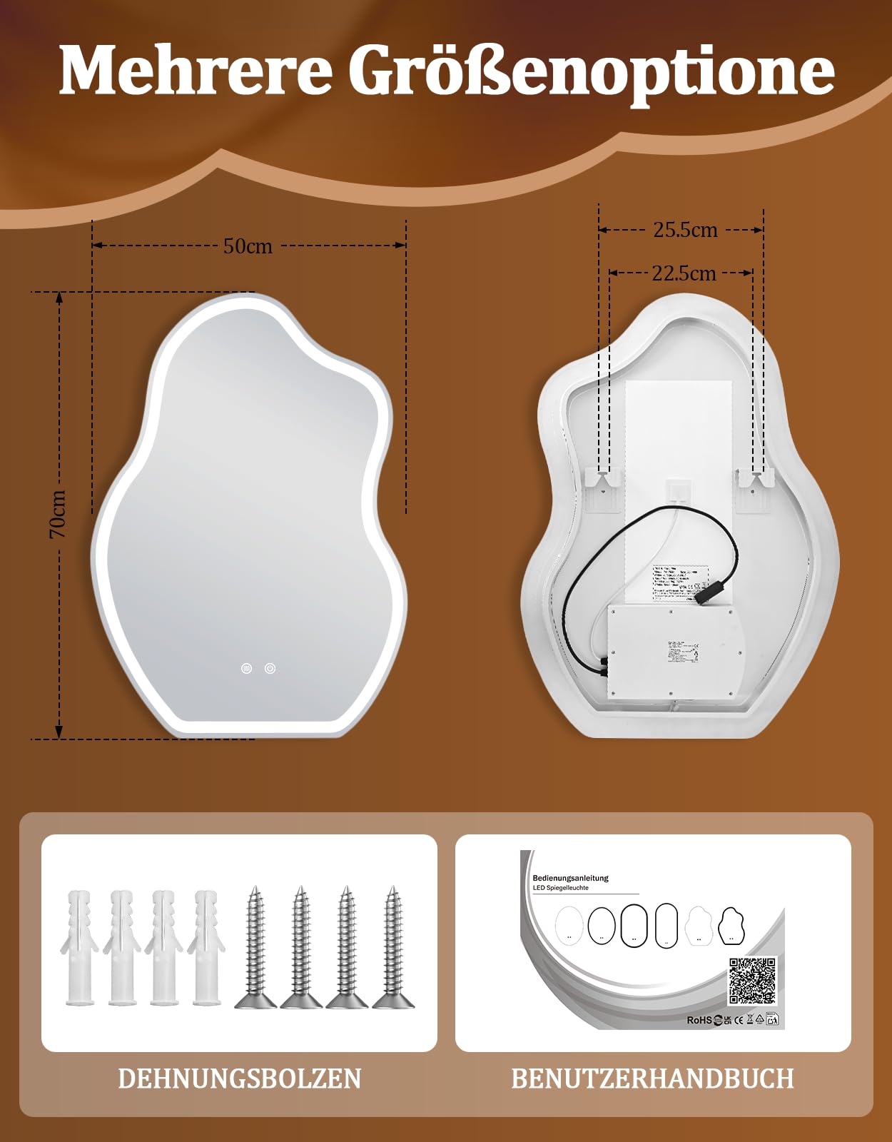 Asymmetrisch Badspiegel Mit Beleuchtung,50x70cm LED Bad Wandspiegel | Badezimmer Wandspiegel Mit Licht, IP44 50x70 cm Asymmetrischer Organischer Groß Gäste WC Badezimmerspiegel Mit Beleuchtet