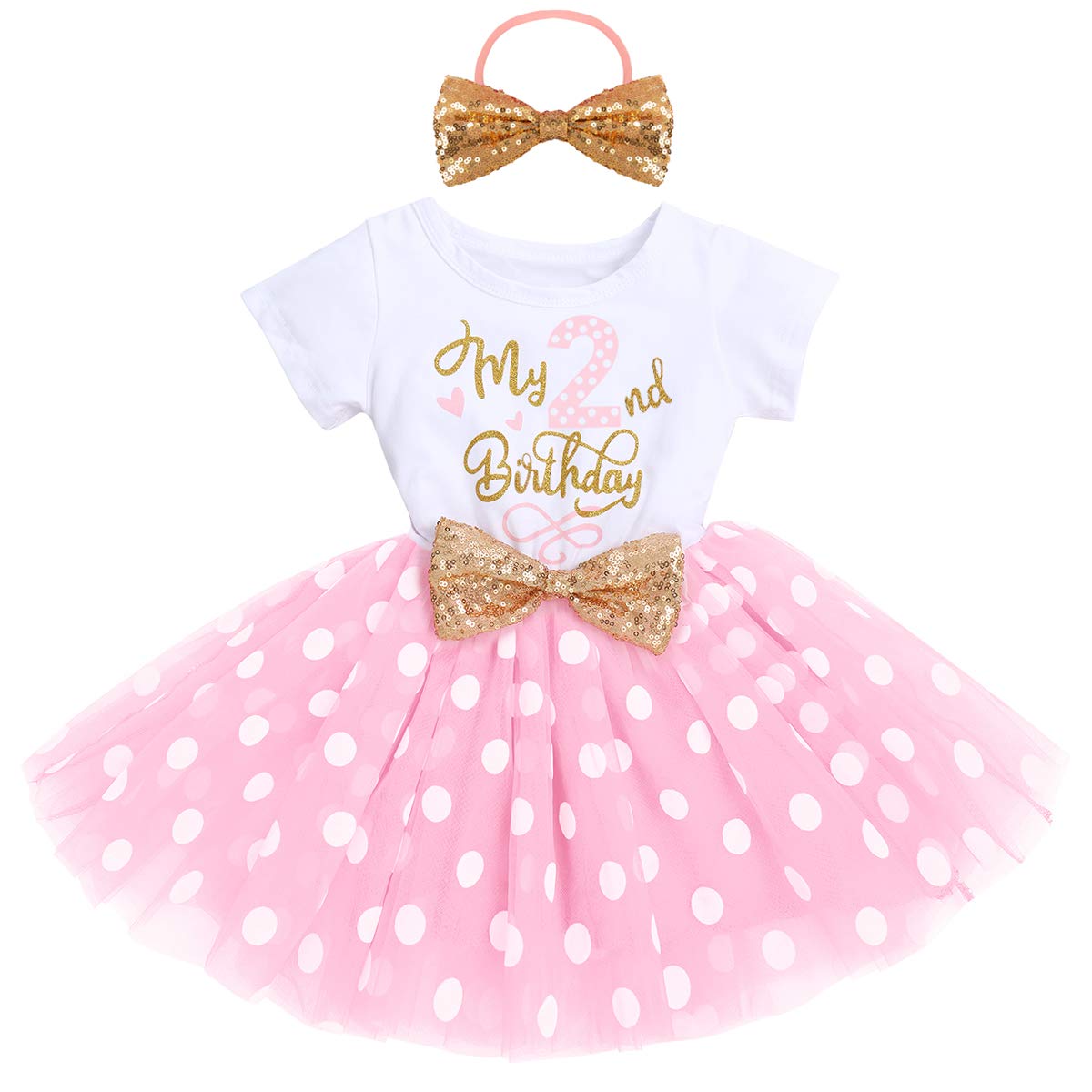 IBTOM CASTLE Bebé Niñas 1er/2do/3er Cumpleaños Traje Minnie Princesa Vestido de Manga Corta Mameluco/Camiseta+Tutú de Tul de Lunares+Diadema 3 Piezas de Fiesta de Cumpleaños
