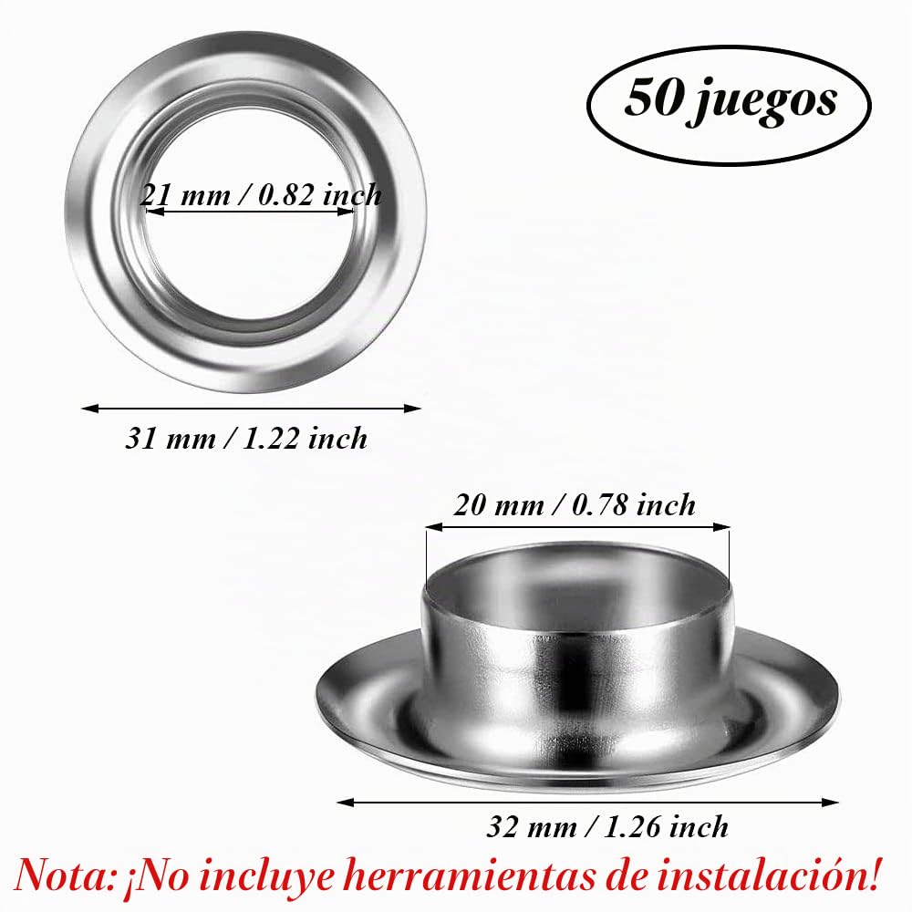 Kit de Ojales, 50 Sets 20mm Kit Herramienta Ojetes, Plata Ojales de Metal para Zapatos, Ropa, Bolso, Lona, Manualidades (No Incluye Herramientas de Instalación) Estilo D